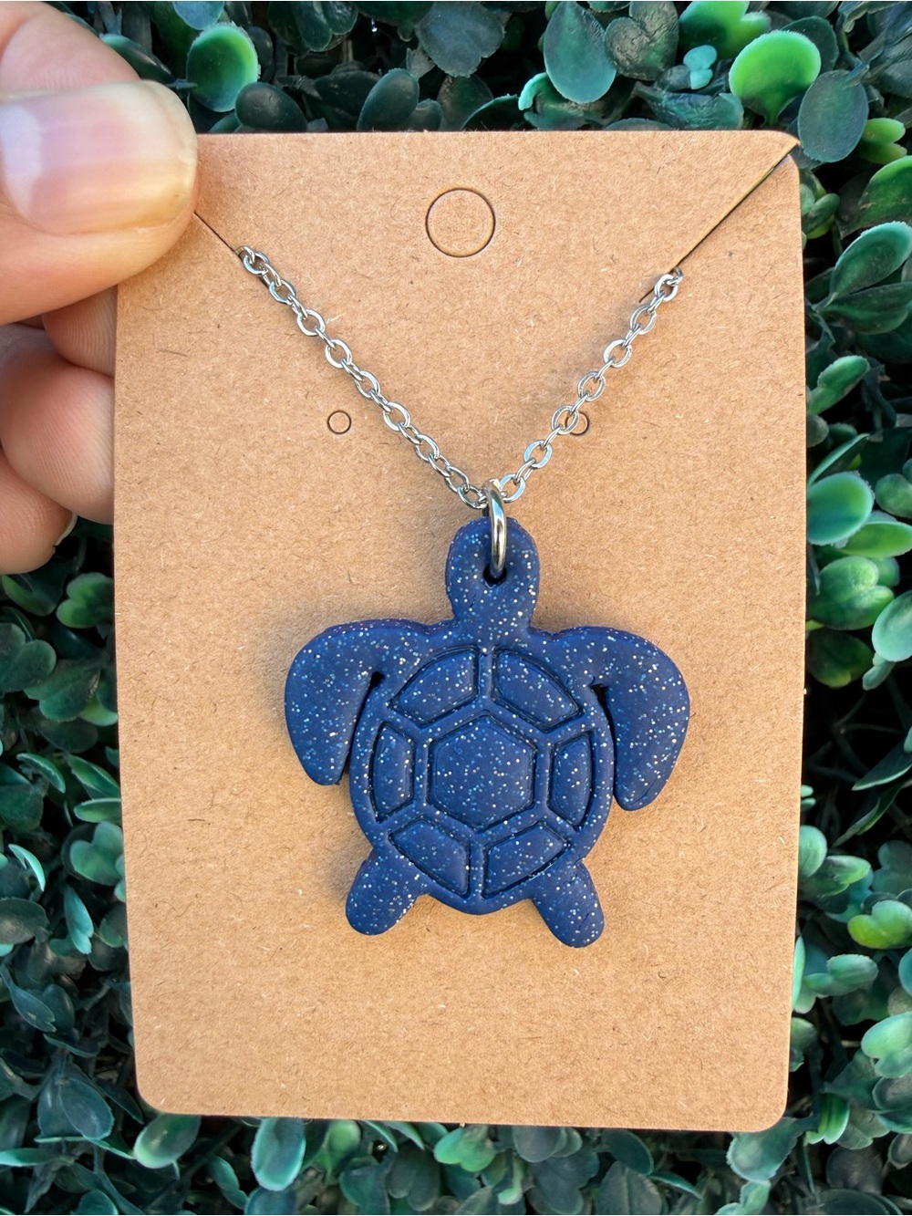 Handmade Polymer Clay Navy Blue Glitter Speckles Turtle Pendant Necklace
